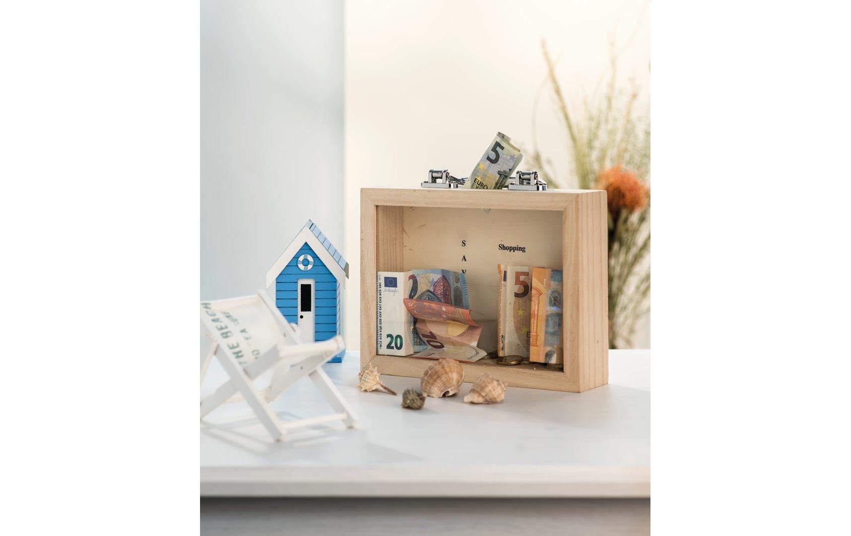GLOREX Spardose Koffer, Holz, Braun, 22 × 18 × 7 cm, 1 Stück – FSC