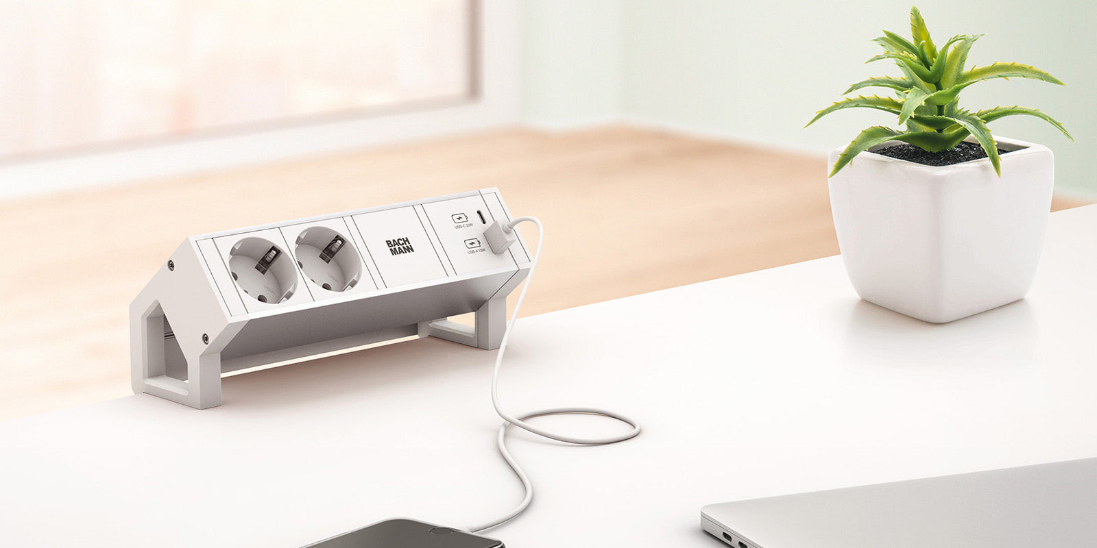 Bachmann DESK2 Tischsteckdosenleiste, 2×T13, 2×USB-C 45 W, 0,2 m, Aluminium, IP20, ohne Schalter – Weiss