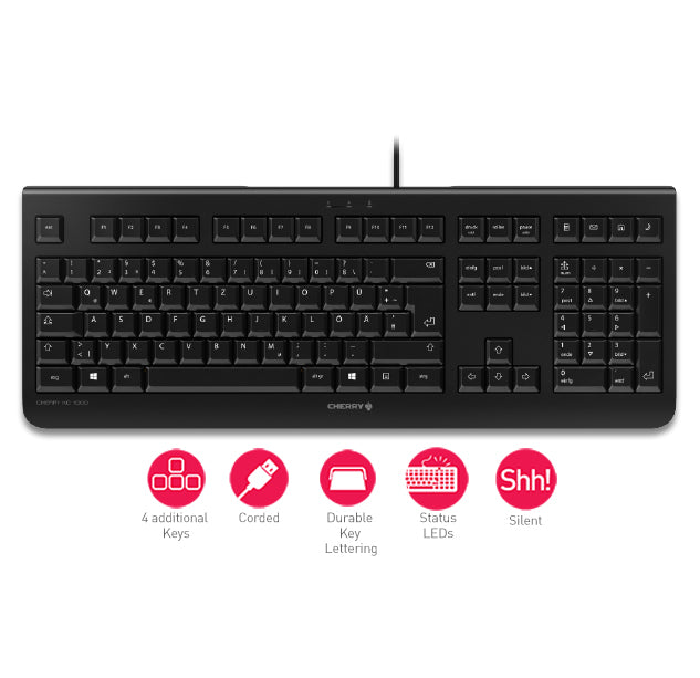 CHERRY KC 1000 – Tastatur, kabelgebunden (USB), CH-Layout (DE-CH), Fullsize (mit Ziffernblock), Schwarz