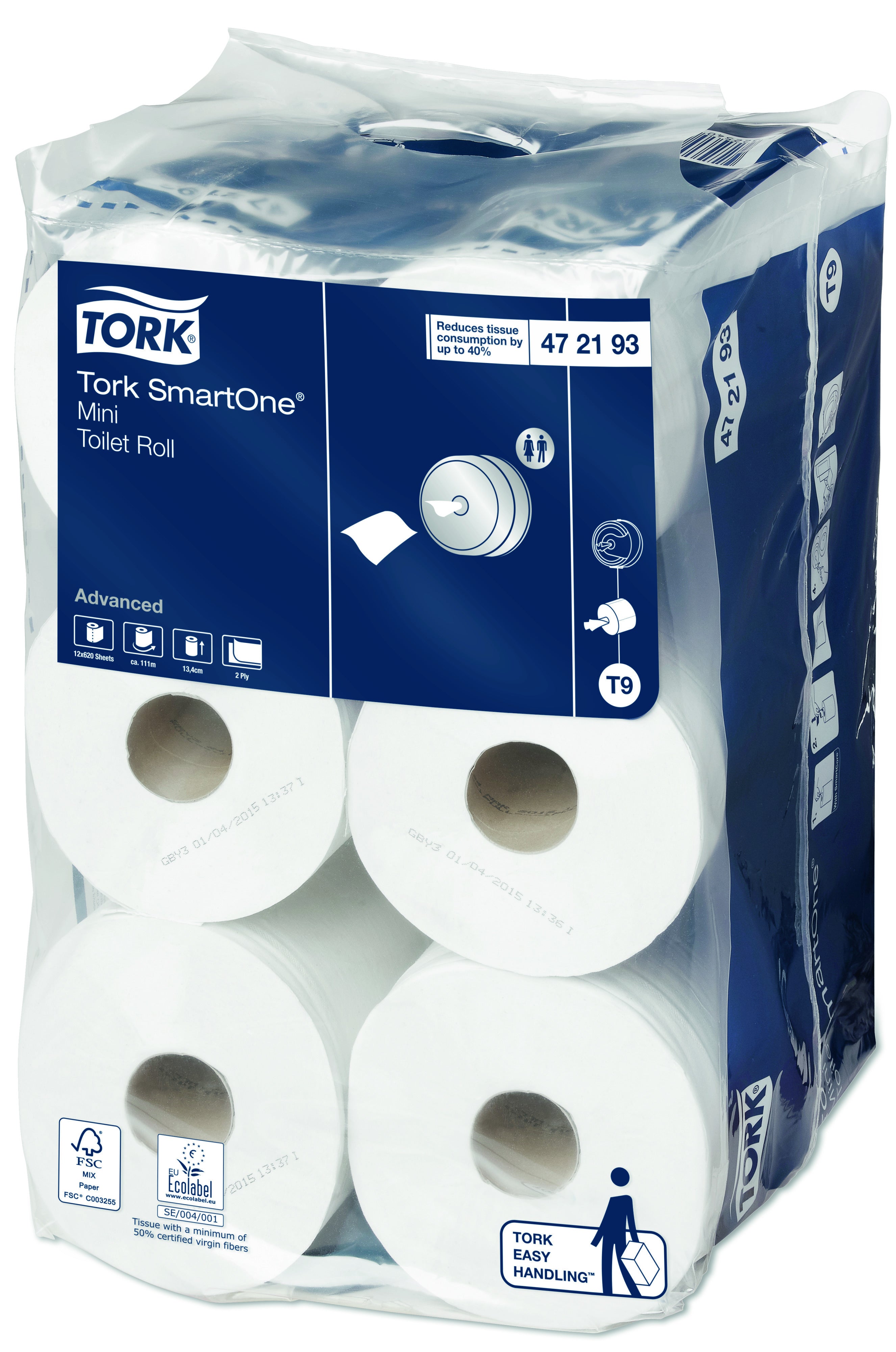 Tork Toilettenpapier SmartOne Mini – 2-lagig, Rollenlänge 111,6 m, 620 Blatt/Rolle – für Tork T9 SmartOne Mini