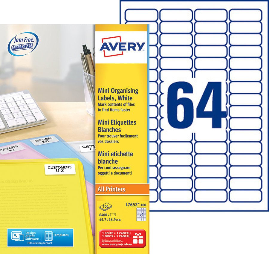 Avery L7652-100 – Etiketten A4 46 × 17 mm – Papier – permanent haftend – Laser – 64/Stück, 100 Blätter