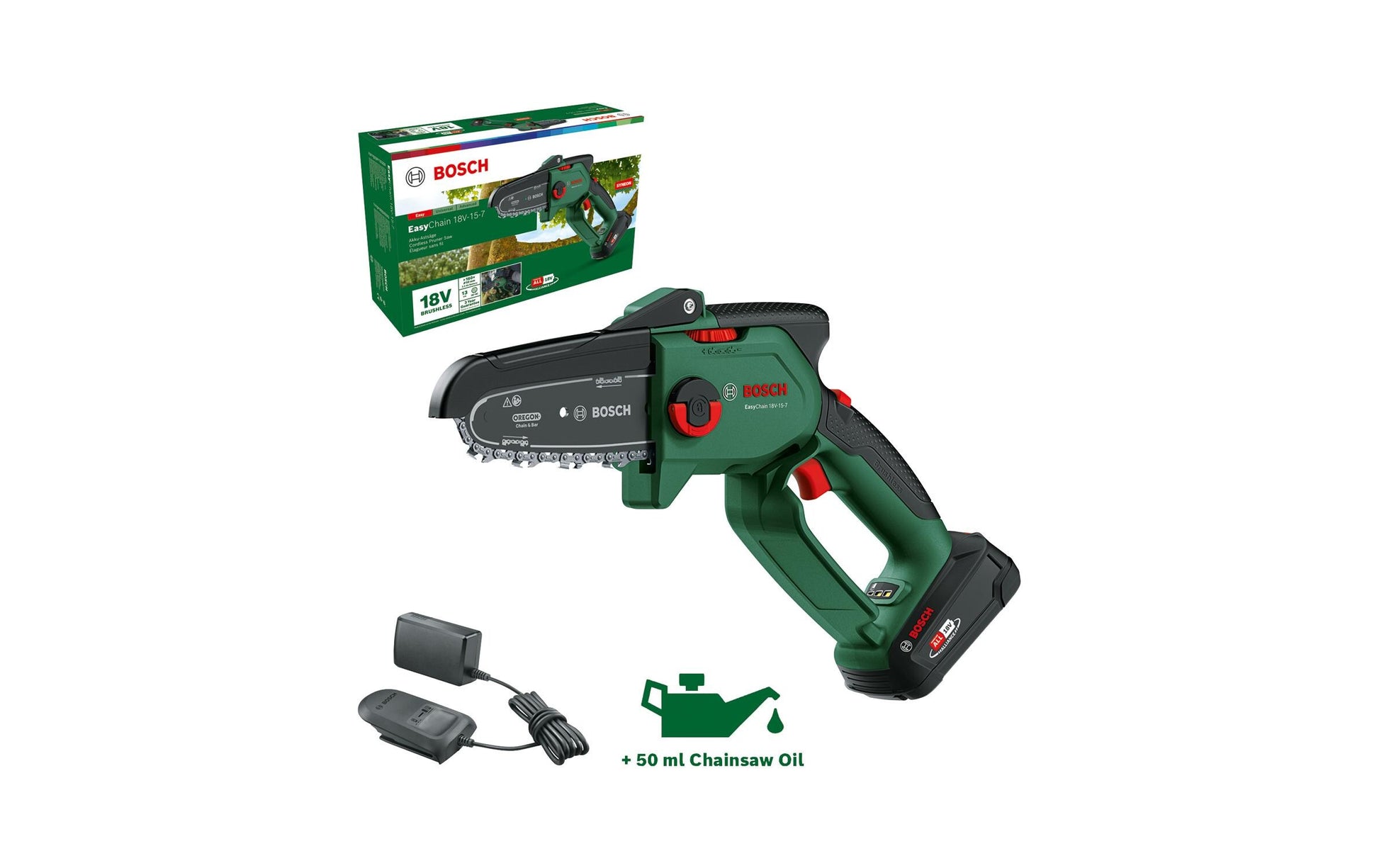 Bosch EasyChain Mini-Kettensäge – 18 V – Schwertlänge 150 mm – 1×2,5 Ah & Ladegerät – POWER FOR ALL