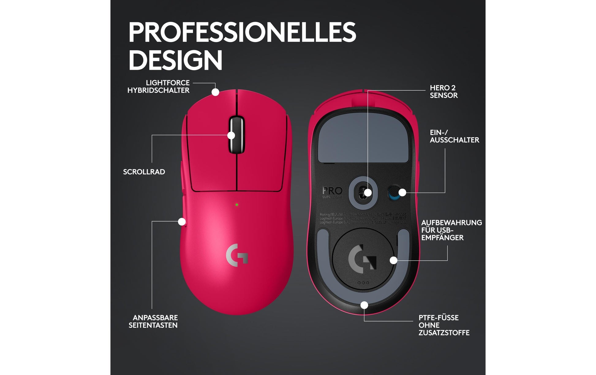 Logitech G G PRO X SUPERLIGHT 2 – Gaming-Maus – Kabellos (2,4 GHz), 32000 DPI, Rechts, Magenta