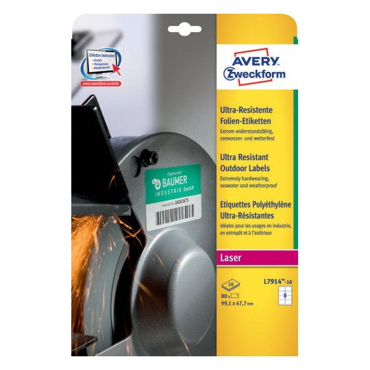 Avery Folien-Etiketten, 99 mm × 68 mm, weiss, extra stark, 80 Etiketten (10 Blatt)