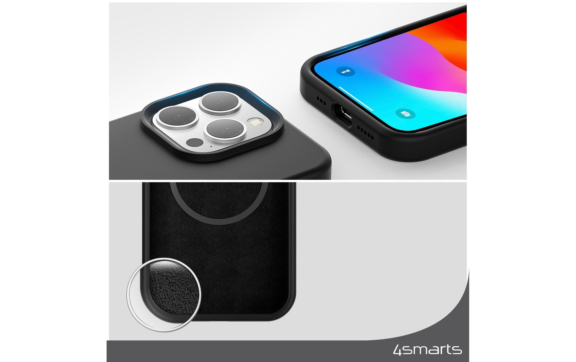 4smarts Silicone Cupertino Ultimag Backcover – für Apple iPhone 15 Plus, MagSafe, Mikrofaser+Silikon, Schwarz