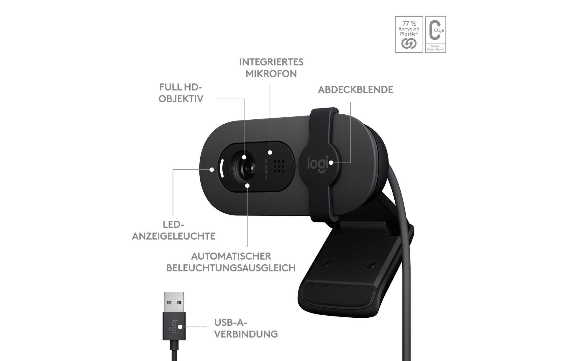 Logitech Brio 100 Webcam – Full HD 1080p, 30 fps, USB, Sichtschutz – Graphit