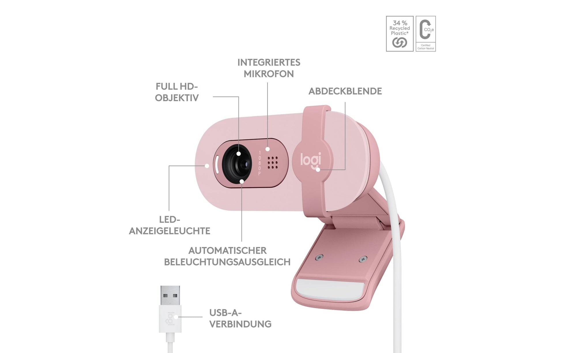 Logitech Brio 100 – Webcam – Full HD 1080p, USB, Rosa