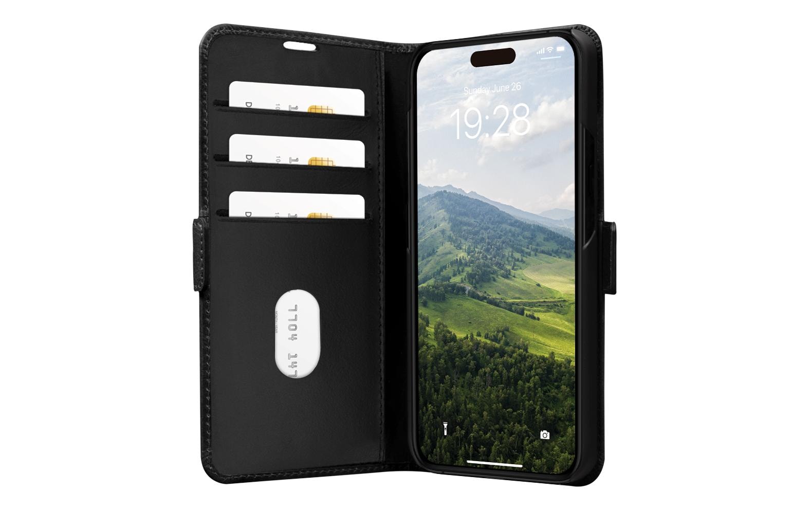 dbramante1928 Copenhagen Wallethülle – für Apple iPhone 15 Pro, mit Ständer, 3 Kartenfächer, Leder, Schwarz