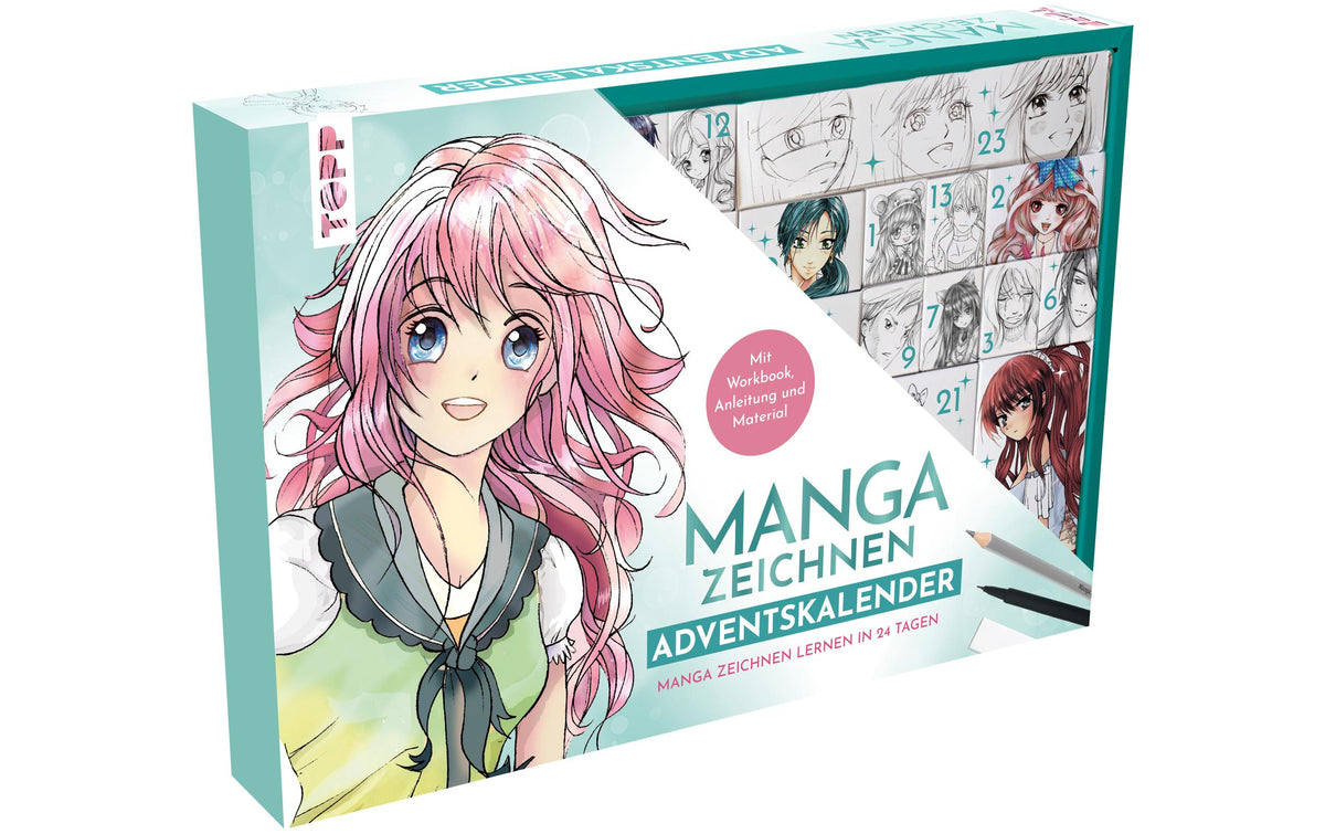 TOPP Verlag Manga – Adventskalender – 38,5 × 26,5 cm – mit Anleitungsbuch, Workbook und Zeichenmaterial