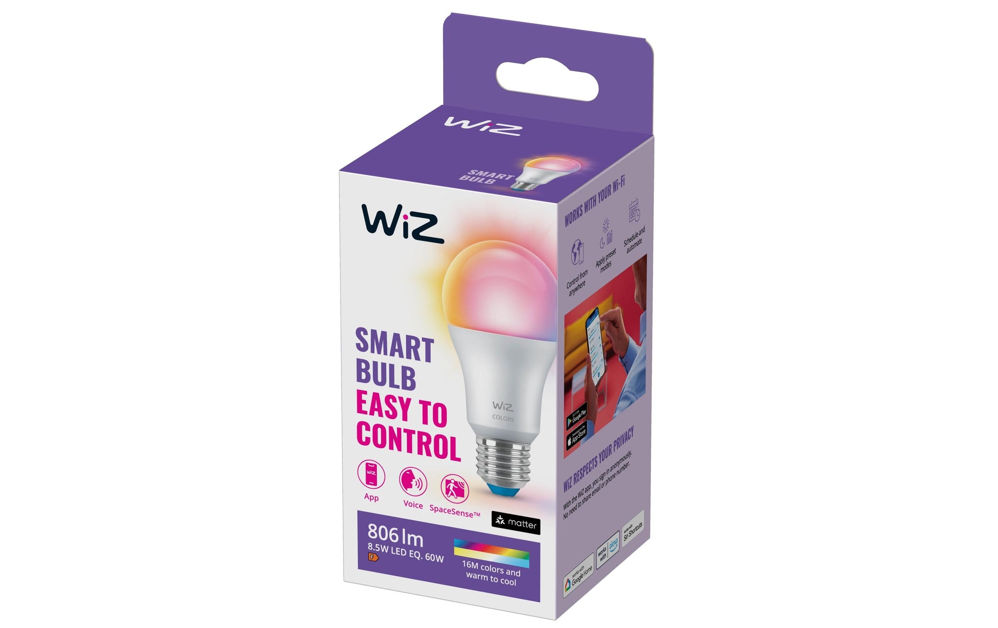 WiZ Smart-Leuchtmittel E27 A60 – RGB+CCT 2200–6500 K, 806 lm, 8,5 W, Matt – 1 Stk.