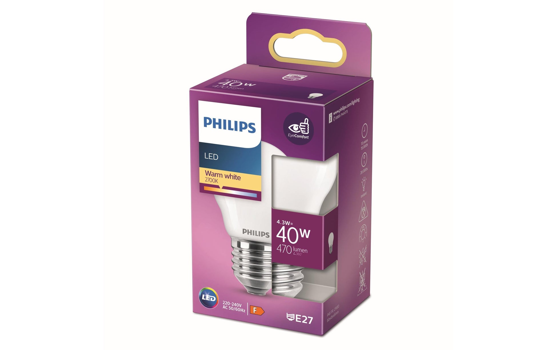 Philips by Signify Philips LED-Leuchtmittel E27 P45 – Warmweiss 2700 K, 470 lm, 4,3 W – 1 Stk.
