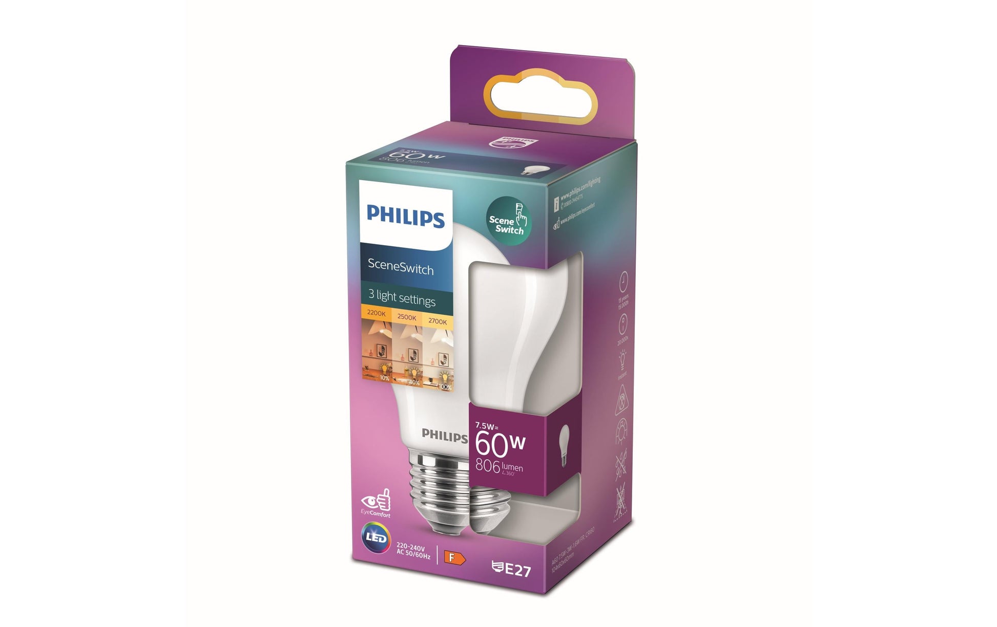 Philips by Signify Philips LED-Leuchtmittel E27 A60 – Warmweiss 2700 K, 806 lm, 7,5 W – 1 Stk., Weiss/Glas – LEDClassic