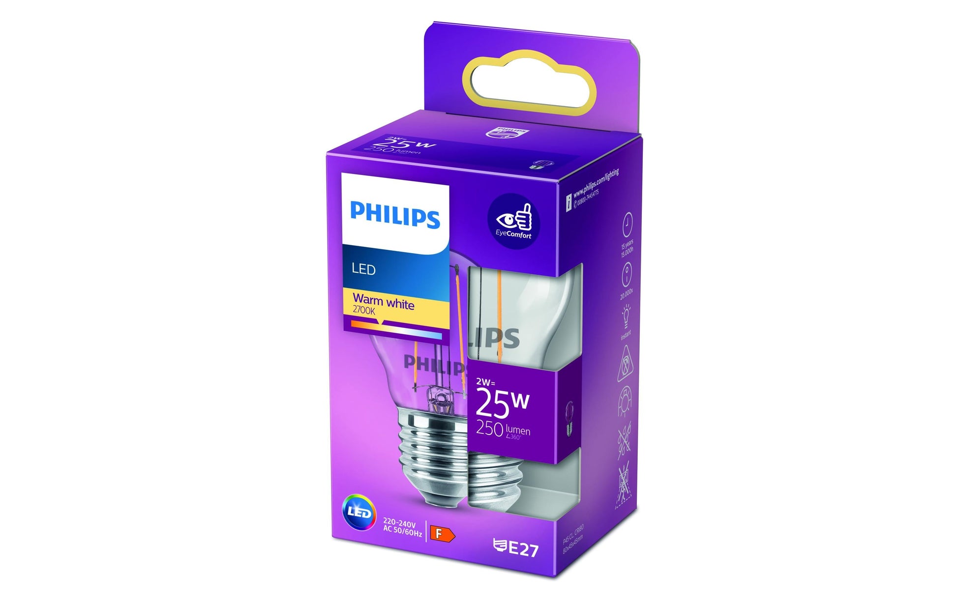 Philips by Signify Philips LED-Leuchtmittel E27 P45 – Warmweiss 2700 K, 250 lm, 2 W – 1 Stk. – Klar