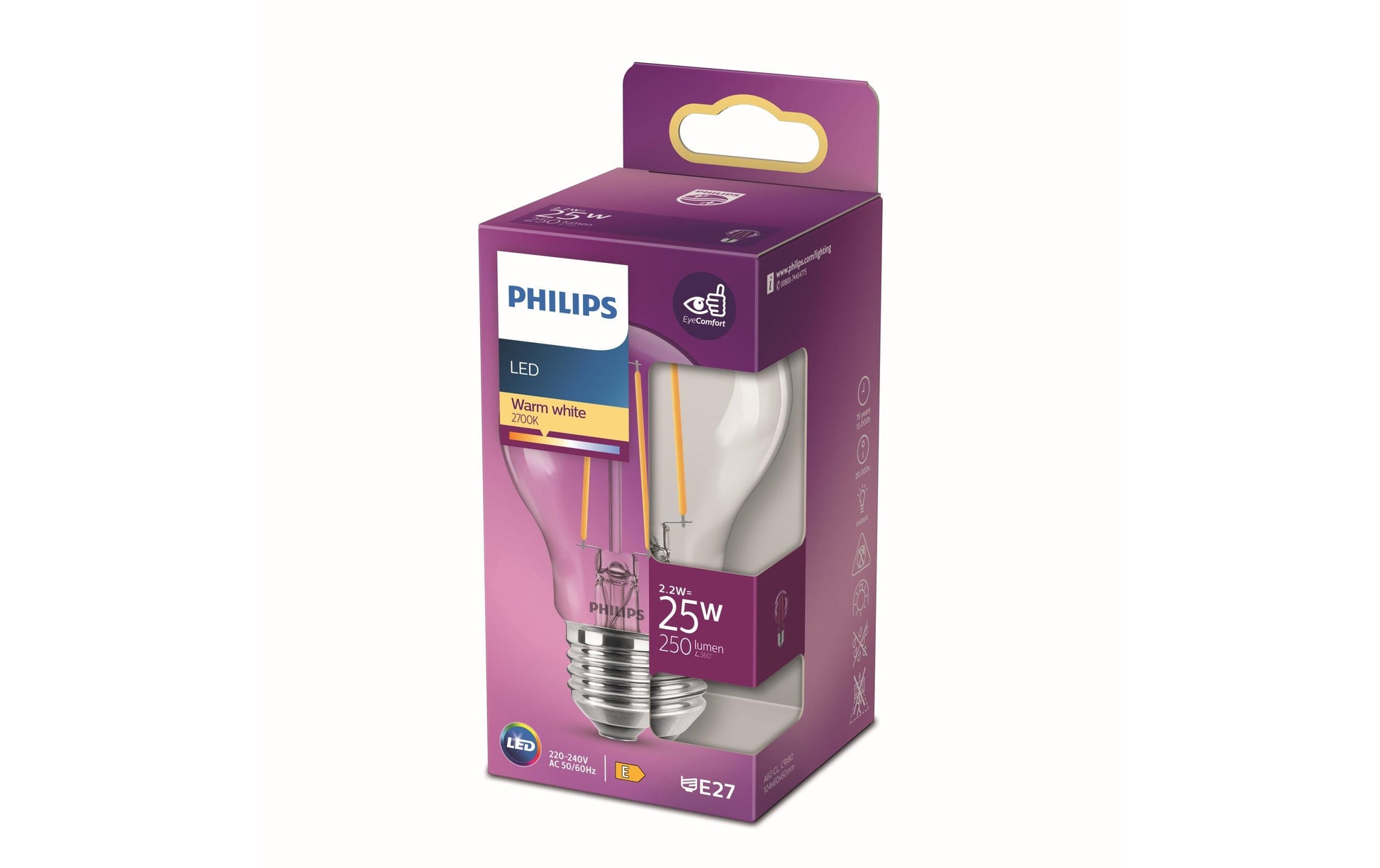 Philips by Signify Philips LED-Leuchtmittel E27 A60 – Warmweiss 2700 K, 250 lm, 2,2 W – IP20 – 1 Stk. – Transparent
