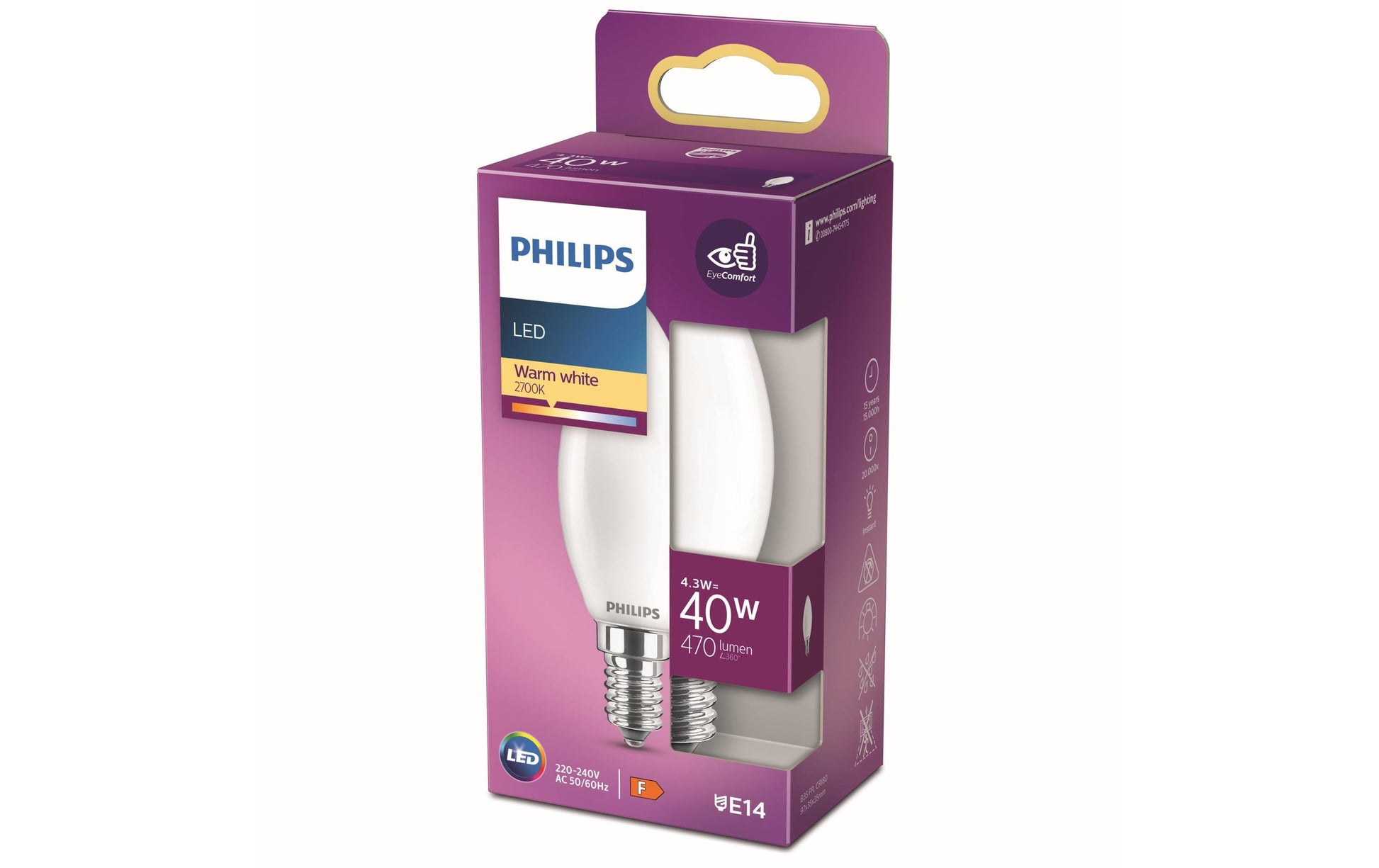 Philips by Signify Philips LED-Leuchtmittel E14 B35 – 470 lm, 4,3 W, Warmweiss 2700 K – Glas, matt – 1 Stk.