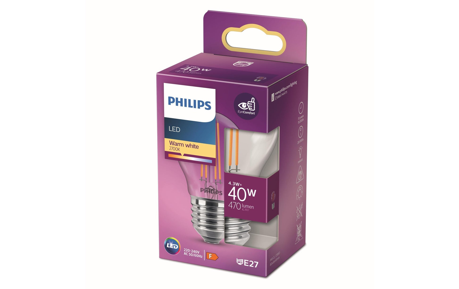 Philips by Signify Philips LED-Leuchtmittel E27 P45 – Warmweiss 2700 K, 470 lm, 4,3 W – 1 Stk., Transparent