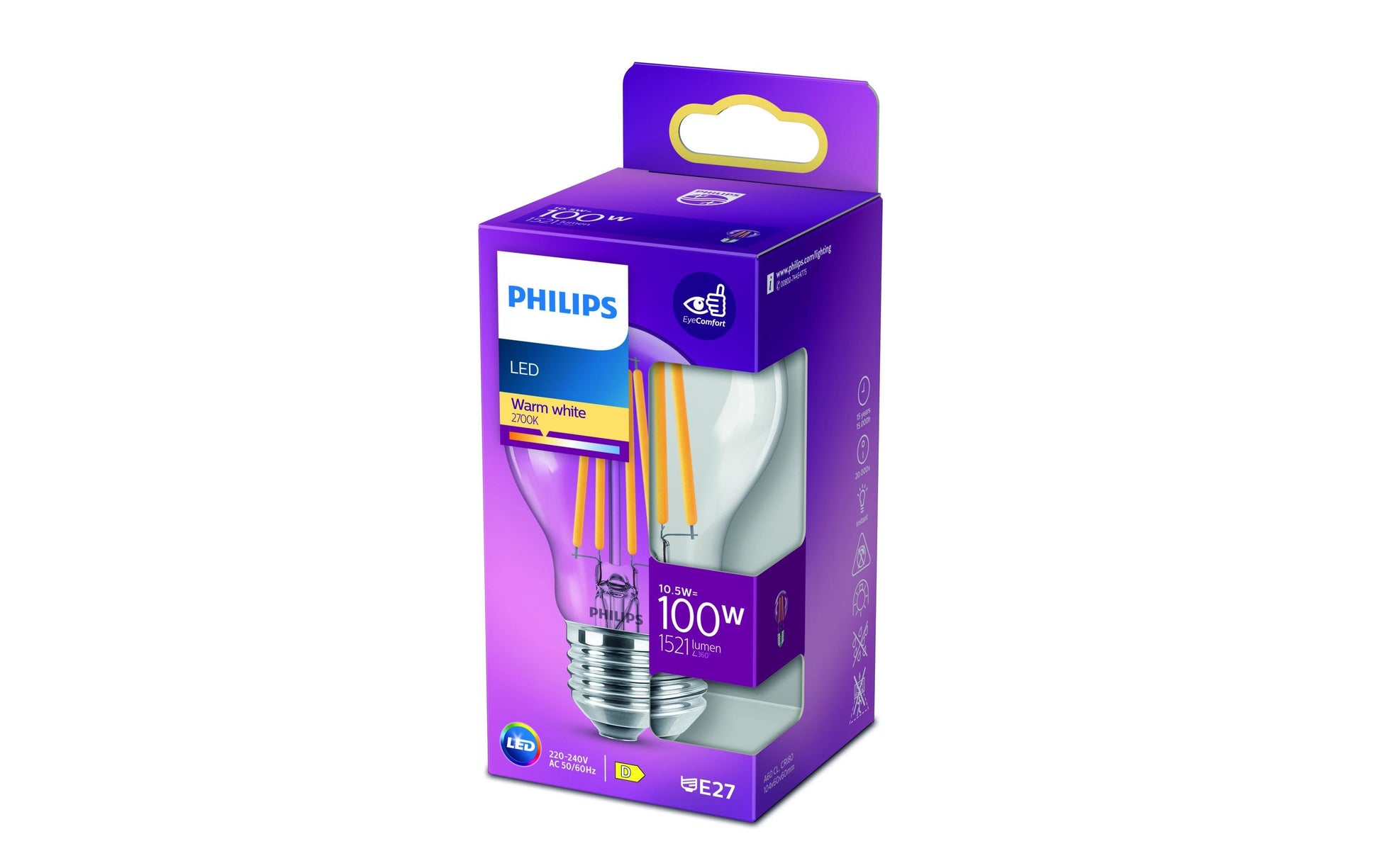 Philips by Signify Philips LED-Leuchtmittel E27 A60 – Warmweiss 2700 K, 1521 lm, 10,5 W – 1 Stk. – Transparent, Glas