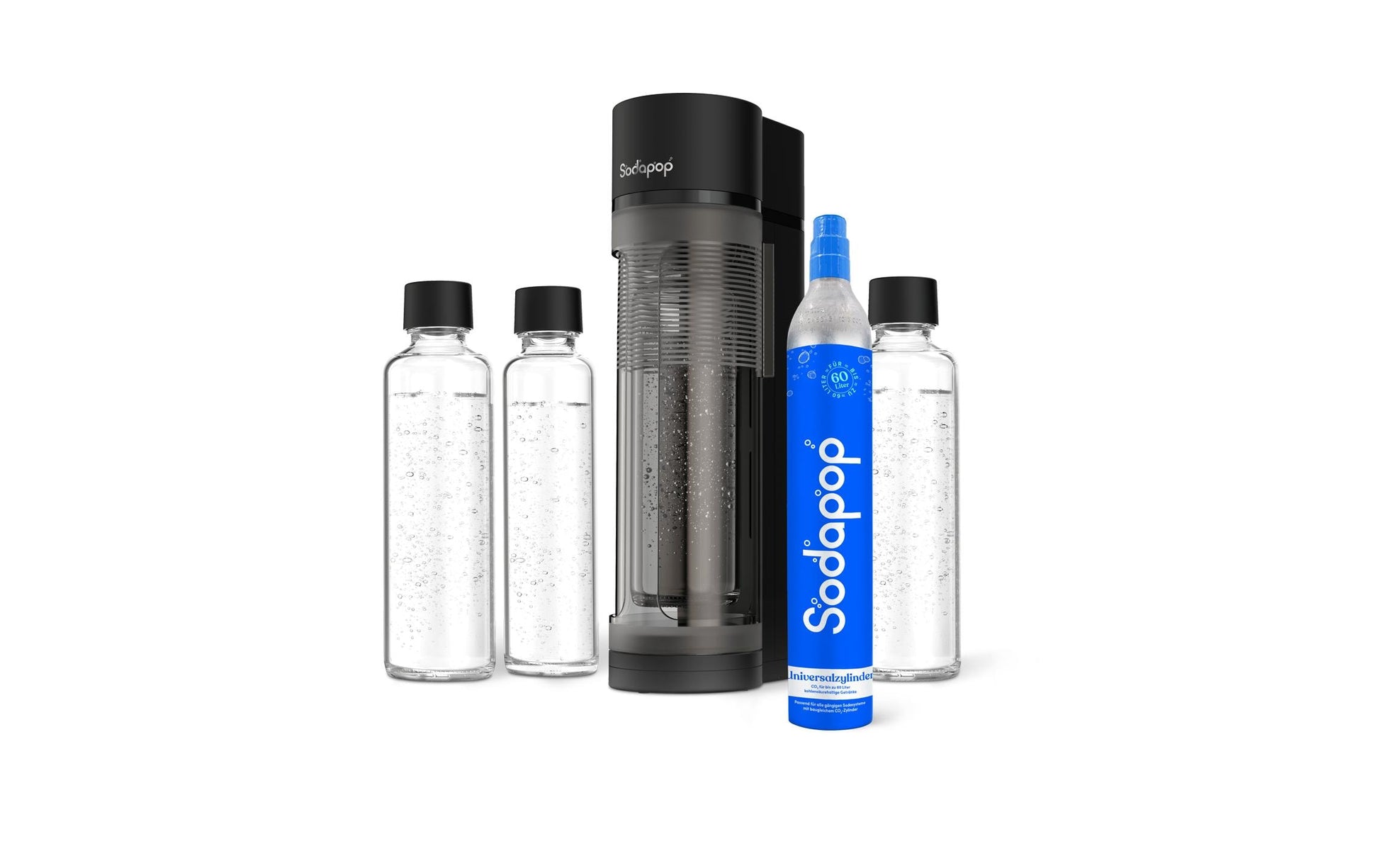 mySodapop Sodapop – Wassersprudler, 3 Flaschen (2× Glas, 1× PET), 1 l, Schwarz