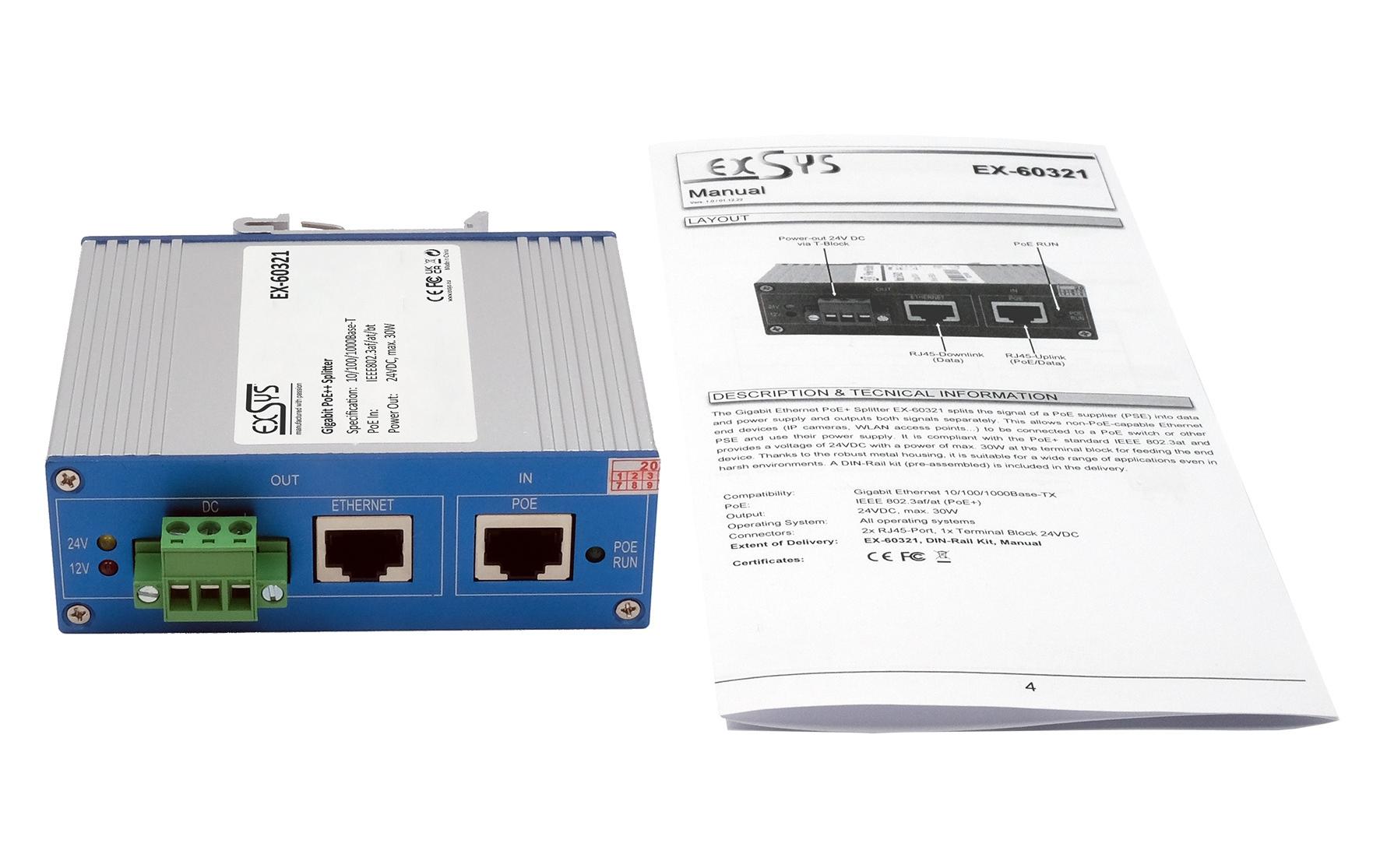 EXSYS EX-60321 PoE-Splitter – 24 VDC/30 W, PoE (IEEE 802.3af), 1× 1G (RJ-45), IP40, DIN-Schiene