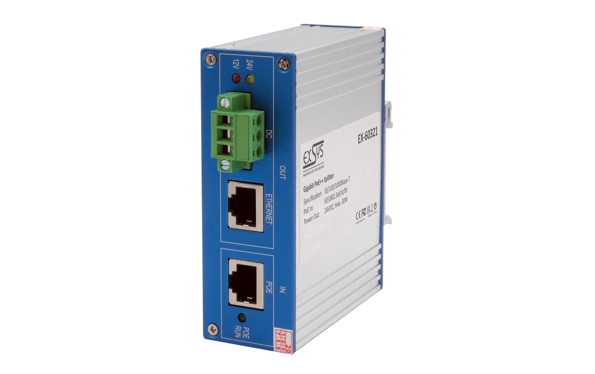 EXSYS EX-60321 PoE-Splitter – 24 VDC/30 W, PoE (IEEE 802.3af), 1× 1G (RJ-45), IP40, DIN-Schiene