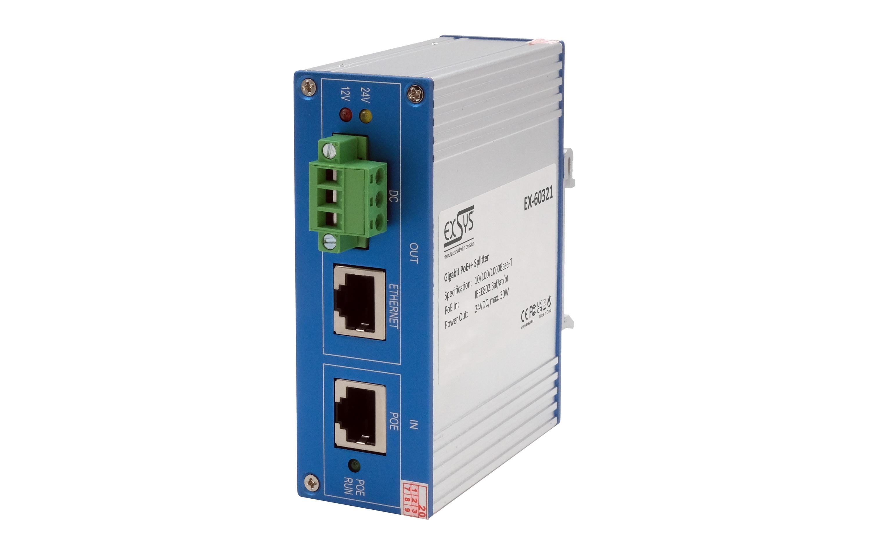 EXSYS EX-60321 PoE-Splitter – 24 VDC/30 W, PoE (IEEE 802.3af), 1× 1G (RJ-45), IP40, DIN-Schiene