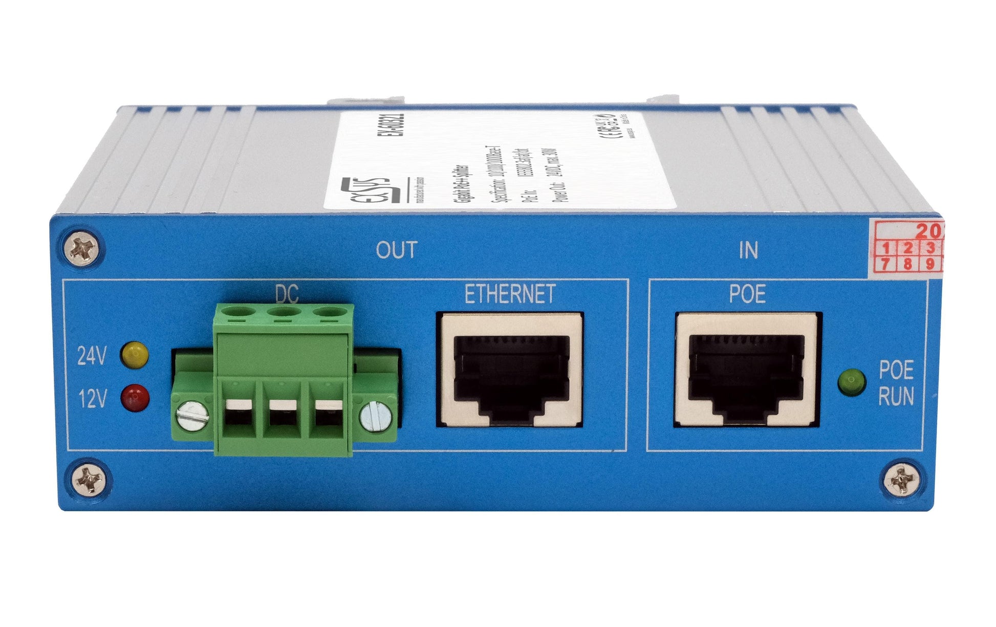 EXSYS EX-60321 PoE-Splitter – 24 VDC/30 W, PoE (IEEE 802.3af), 1× 1G (RJ-45), IP40, DIN-Schiene
