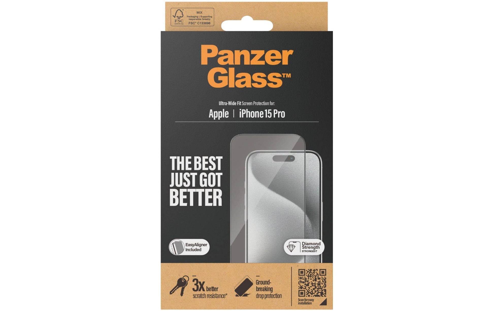 PanzerGlass Displayschutz (Panzerglas), Ultra-Wide Fit – für iPhone 15 Pro – mit Applikator