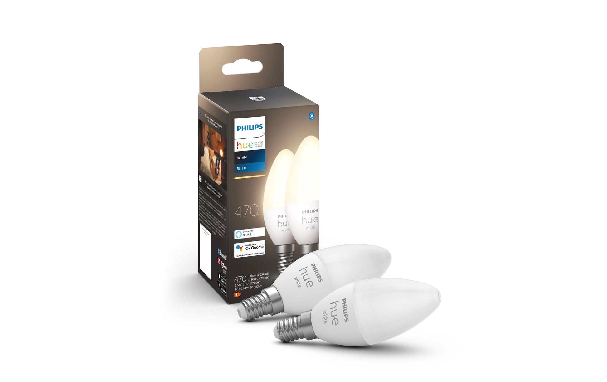 Philips by Signify Philips Hue Smart-Leuchtmittel E14 – Warmweiss 2700 K, 470 lm, 5,5 W, Bluetooth – für Philips Hue – 2 Stk.