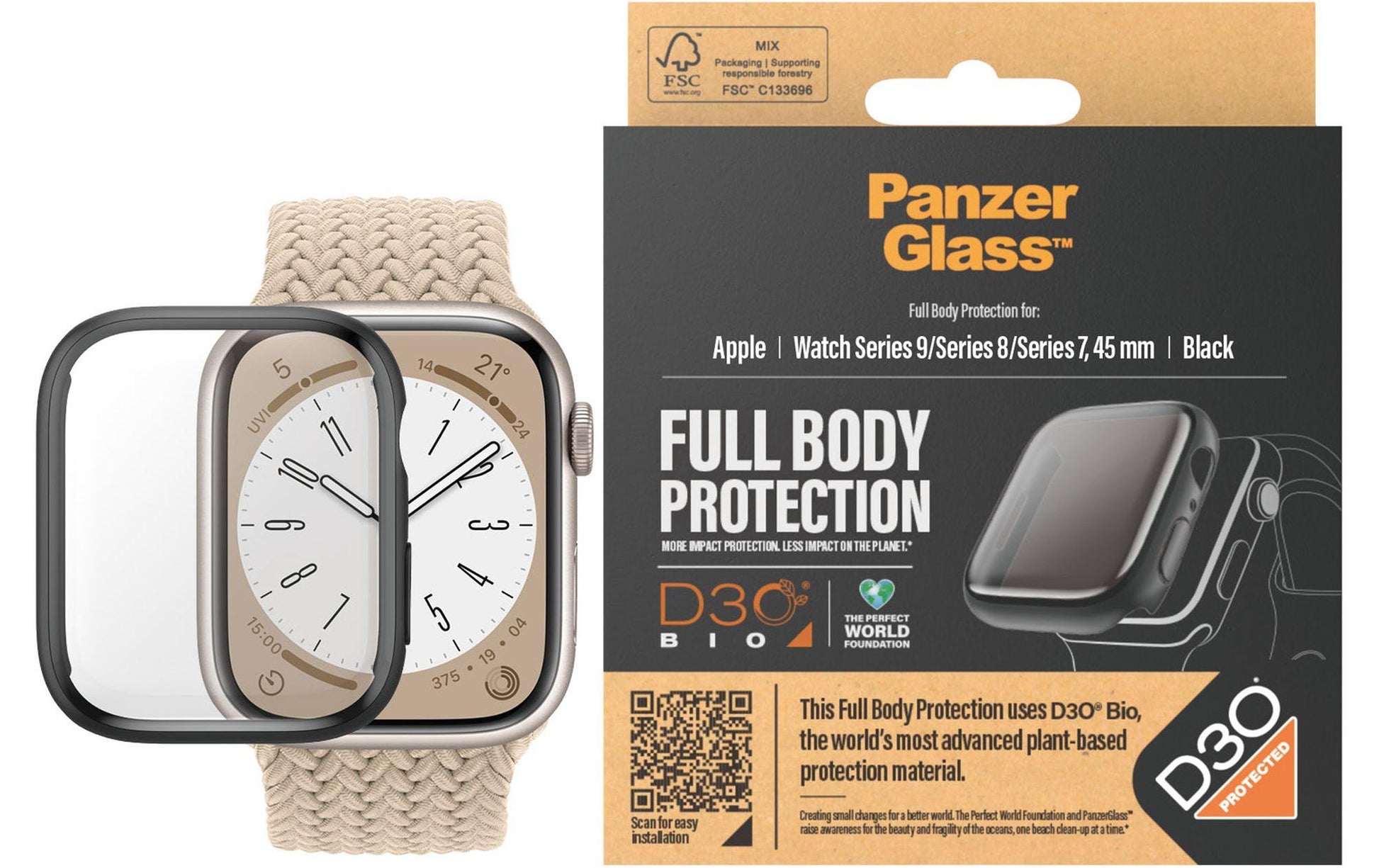 PanzerGlass Displayschutz – für Apple Watch Series 9 (45 mm), Hartglas, Schwarz – 1er-Pack