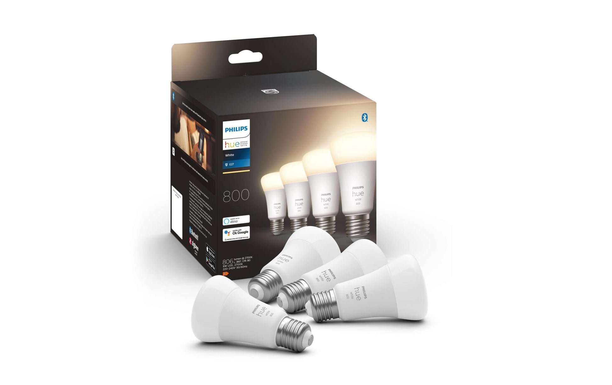 Philips by Signify Philips Hue Smart-Leuchtmittel E27 Weiss – 806 lm, 2700 K, App-Steuerung, dimmbar – 4er-Pack