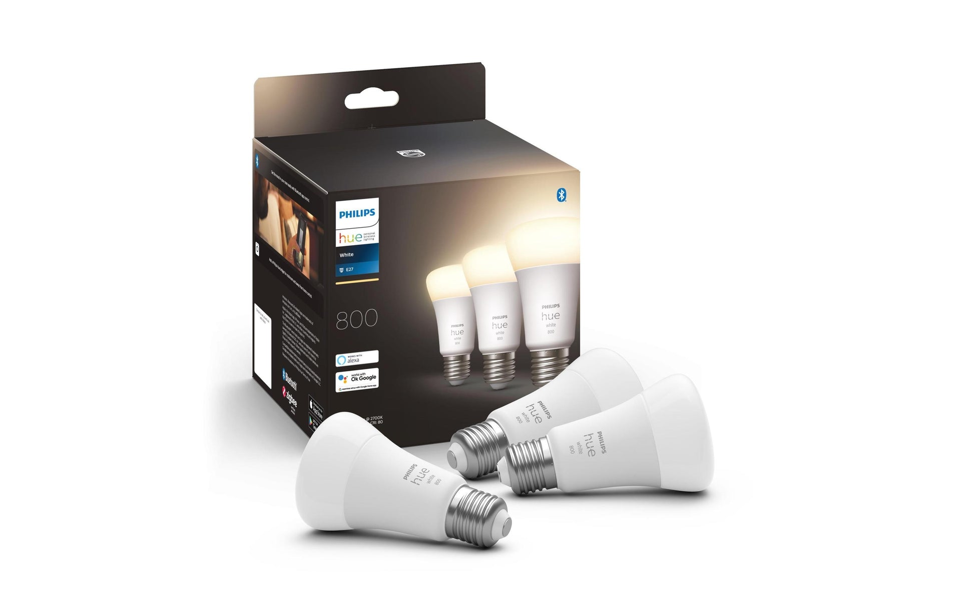 Philips by Signify Philips Hue Smart-Leuchtmittel E27 A60 – Warmweiss 2700 K, 800 lm, 9 W, Bluetooth, Zigbee – IP20 – 3 Stk.