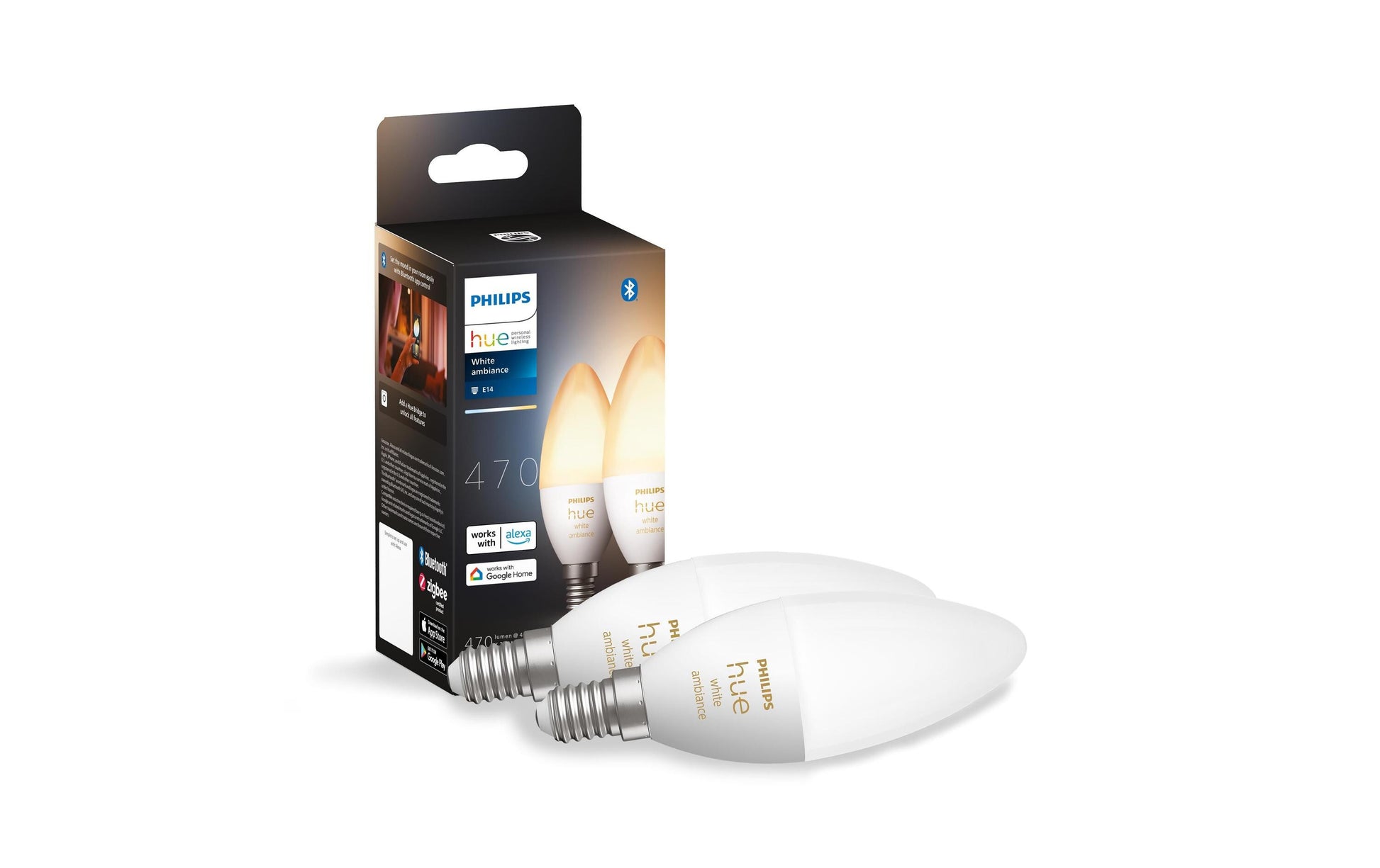 Philips by Signify Philips Hue Smart-Leuchtmittel E14 White Ambience – 470 lm, 2200–6500 K, Bluetooth, App, dimmbar – 2er-Pack