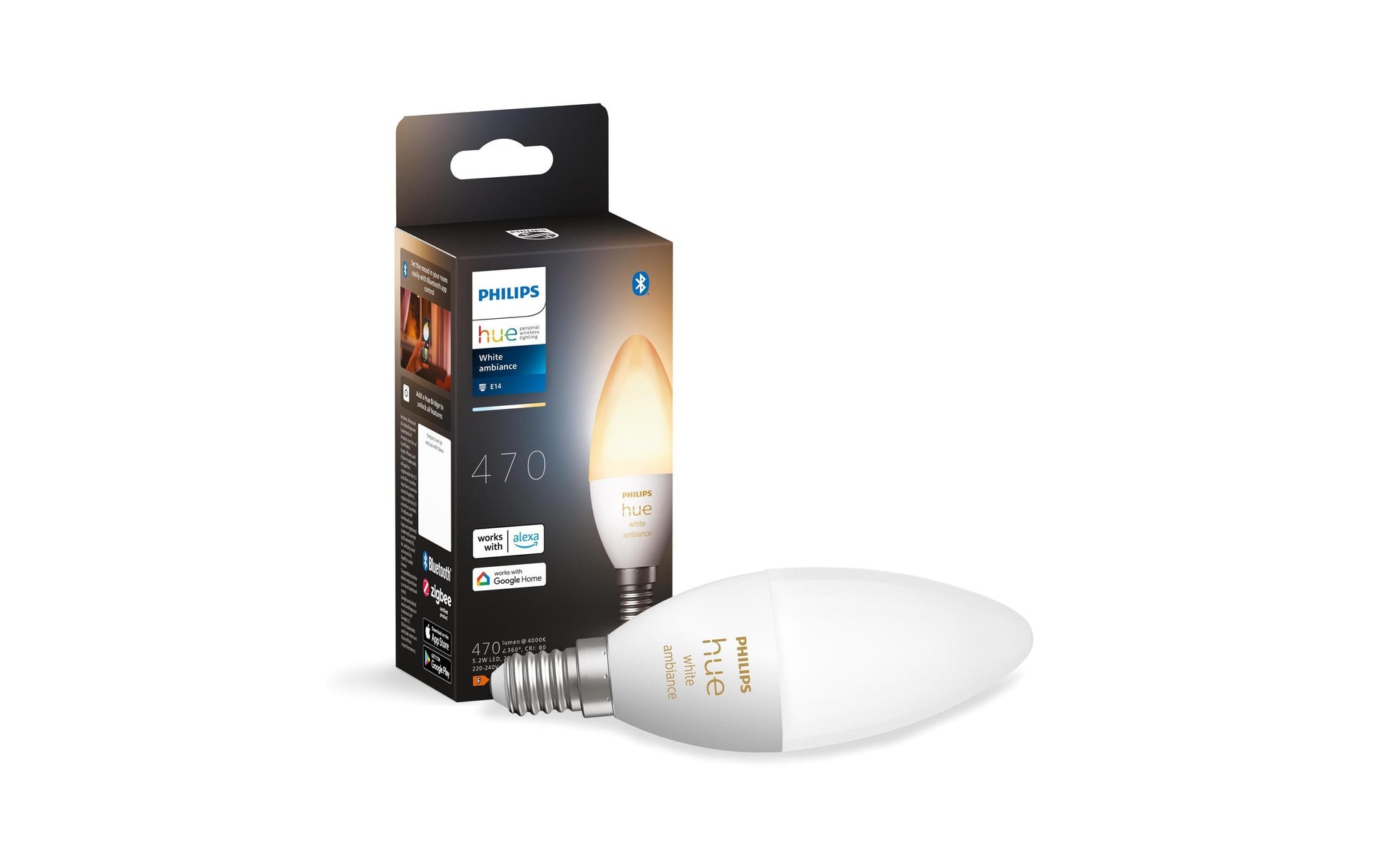 Philips by Signify Philips Hue Smart-Leuchtmittel E14 White Ambience – 470 lm, 2200–6500 K, App-Steuerung, dimmbar – Weiss