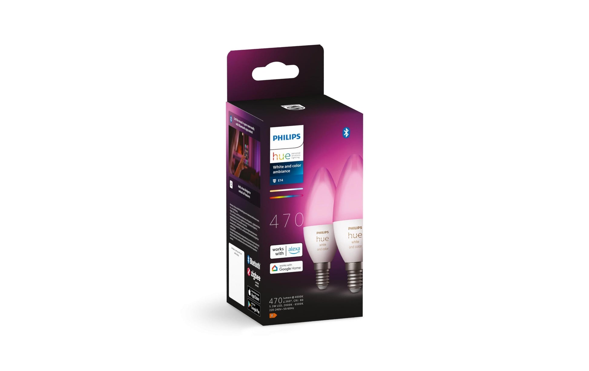 Philips by Signify Philips Hue Smart-Leuchtmittel E14 Kerzenform – RGB+CCT, 470 lm, 5,3 W, Bluetooth – für Philips Hue – 2 Stk.