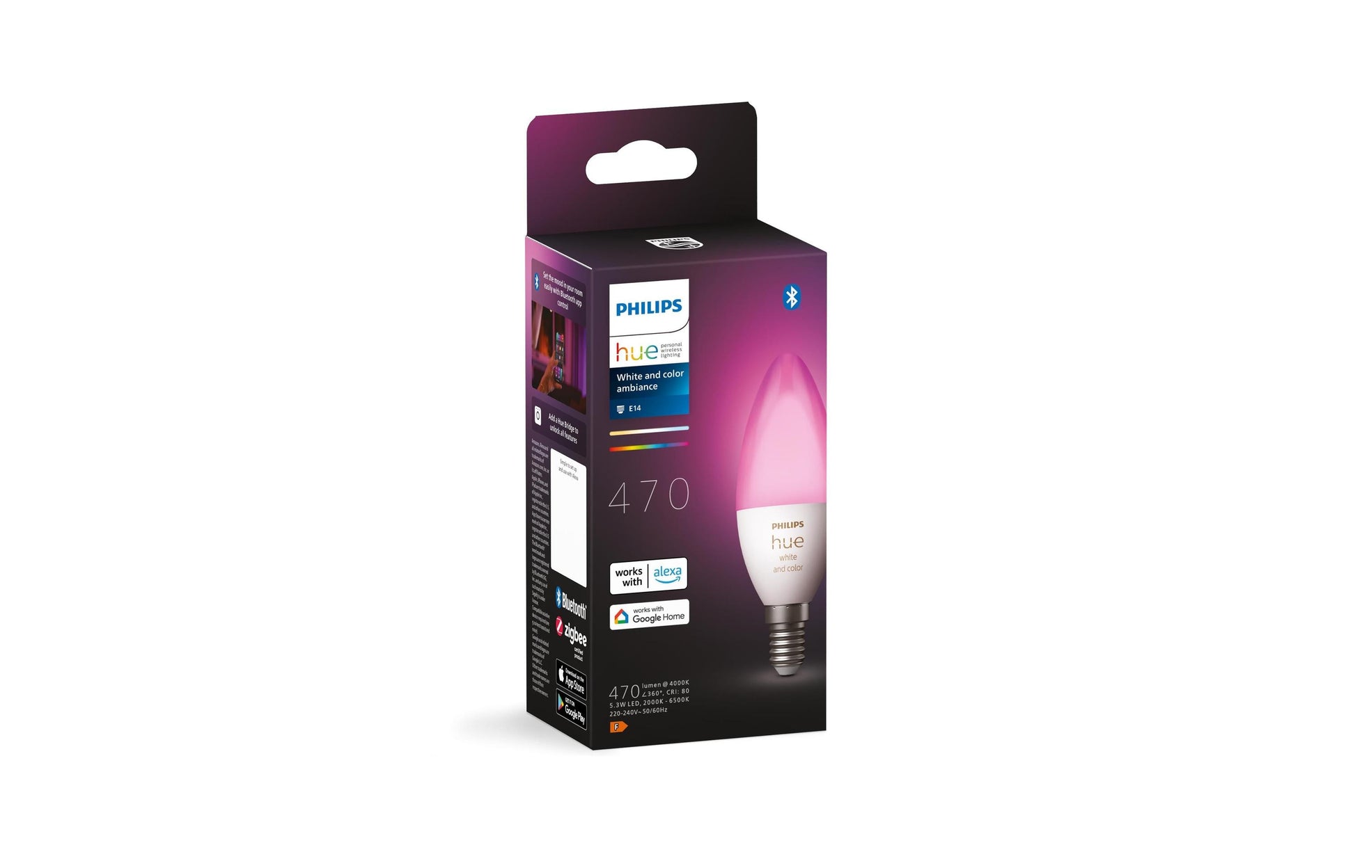 Philips by Signify Philips Hue Smart-Leuchtmittel E14 Kerze – RGB+CCT 2000–6500 K, 470 lm, 5,3 W, Bluetooth – für Philips Hue