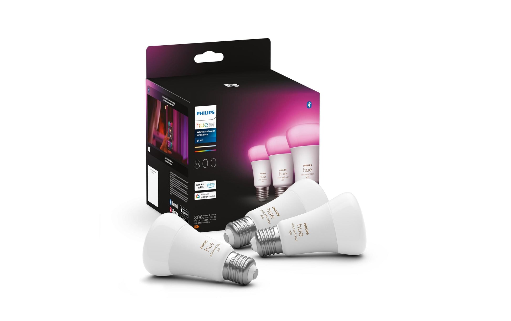Philips by Signify Philips Hue Smart-Leuchtmittel E27 A60 – RGB+CCT, 830 lm, 9 W, Bluetooth/Zigbee – für Philips Hue – 3 Stk.