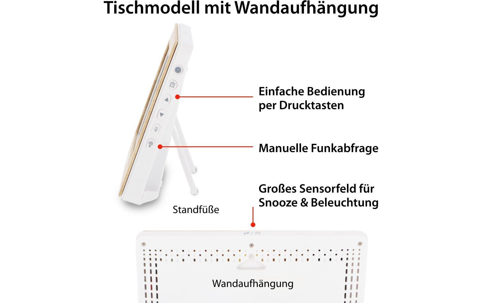 ADE Wecker CK2113 – Funk – Digital – 16,7 × 3 × 13 cm, Bambus-Weiss, Thermometer, Kalender