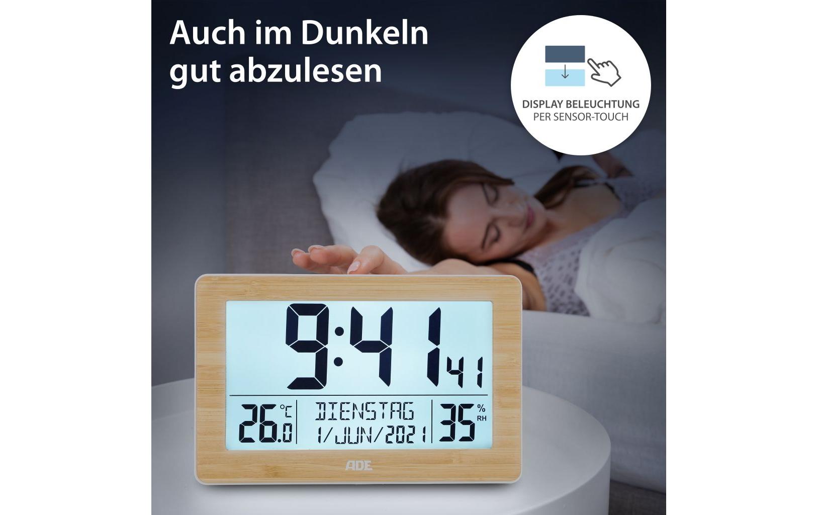 ADE Wecker CK2113 – Funk – Digital – 16,7 × 3 × 13 cm, Bambus-Weiss, Thermometer, Kalender