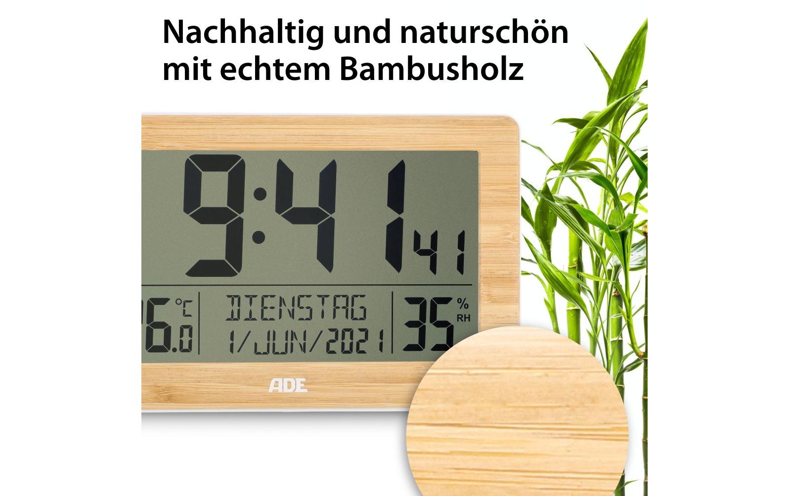 ADE Wecker CK2113 – Funk – Digital – 16,7 × 3 × 13 cm, Bambus-Weiss, Thermometer, Kalender
