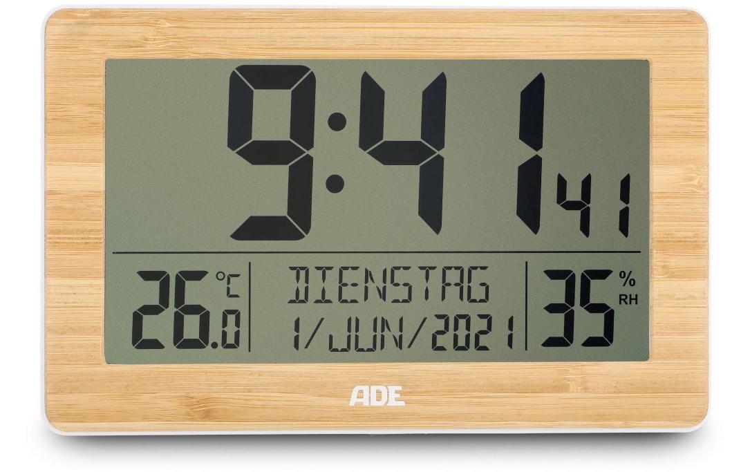 ADE Wecker CK2113 – Funk – Digital – 16,7 × 3 × 13 cm, Bambus-Weiss, Thermometer, Kalender