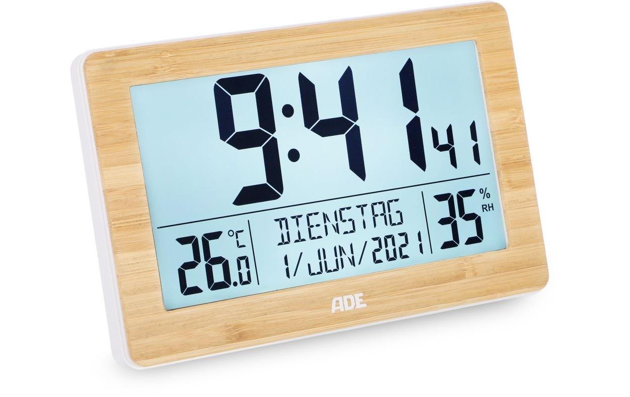 ADE Wecker CK2113 – Funk – Digital – 16,7 × 3 × 13 cm, Bambus-Weiss, Thermometer, Kalender