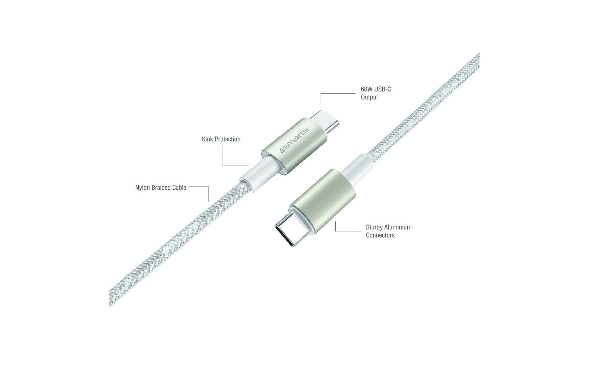 4smarts USB-C auf USB-C Kabel – USB 2.0 (480 Mbit/s) – 1/1,5/3 m – PD 60 W – Nylon – Weiss – 3er-Set