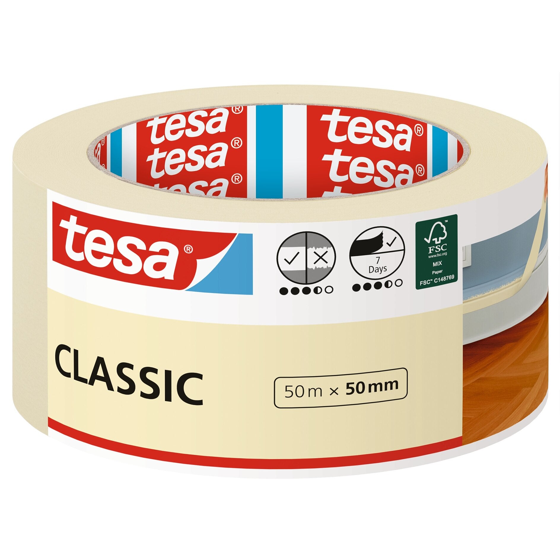 TESA Malerband Classic, beige – 50 mm × 50 m, rückstandsfrei bis 10 Tage
