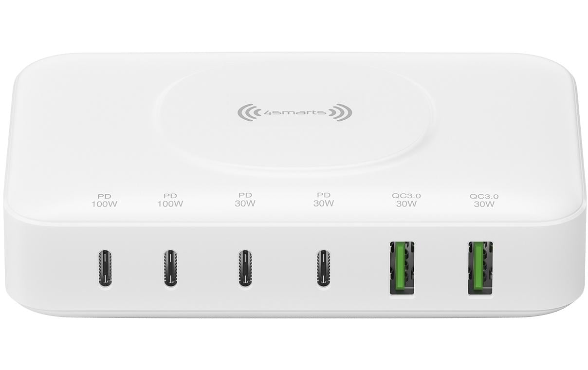 4smarts Ladestation – 2× USB-C (30 W) + 4× USB-A, Qi, GaN – für Qi-kompatible Geräte