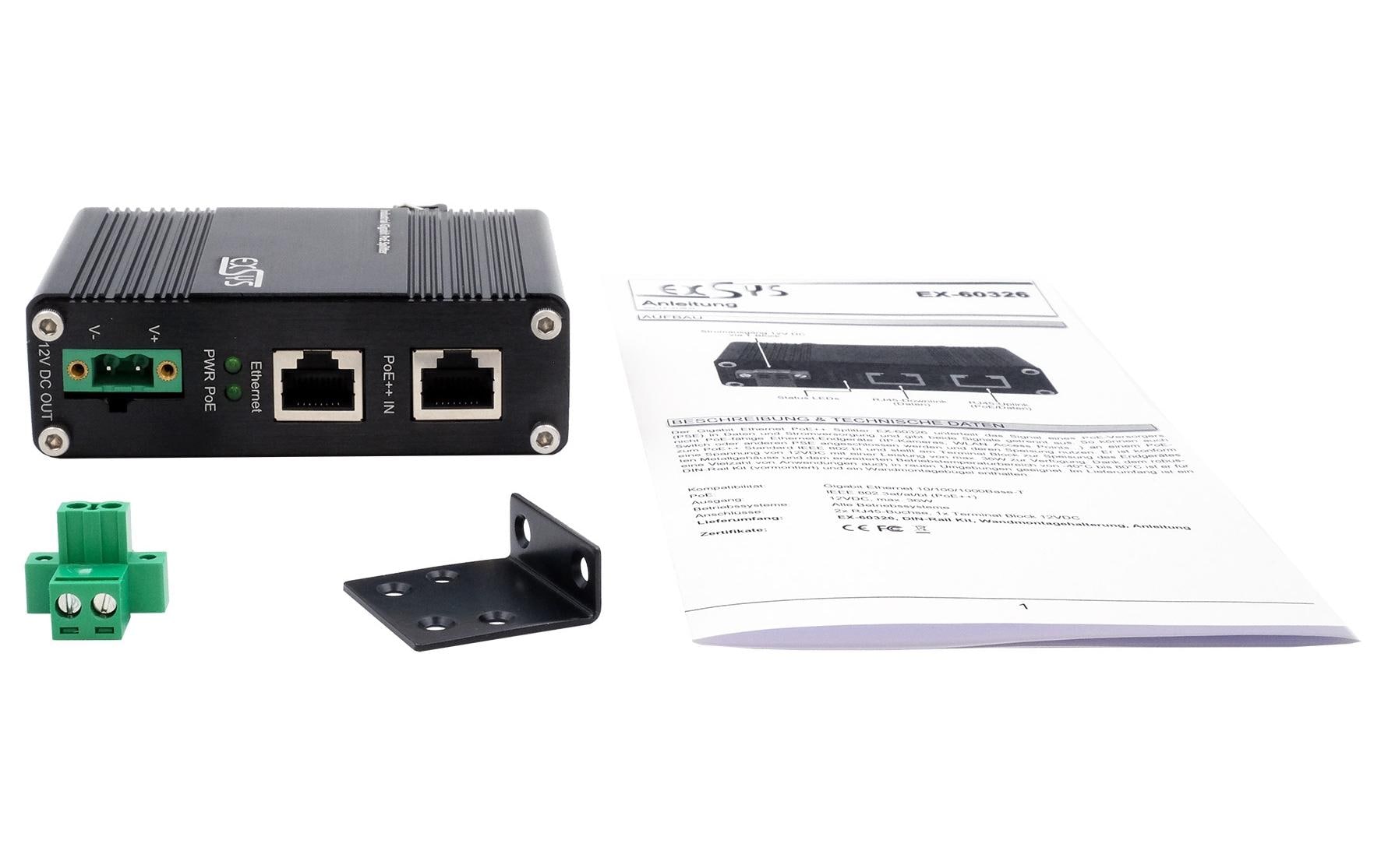 EXSYS EX-60326 PoE-Splitter – Gigabit, PoE++ 12 VDC/36 W, 1× RJ-45, Hutschiene – für IP-Kameras/WLAN-AP