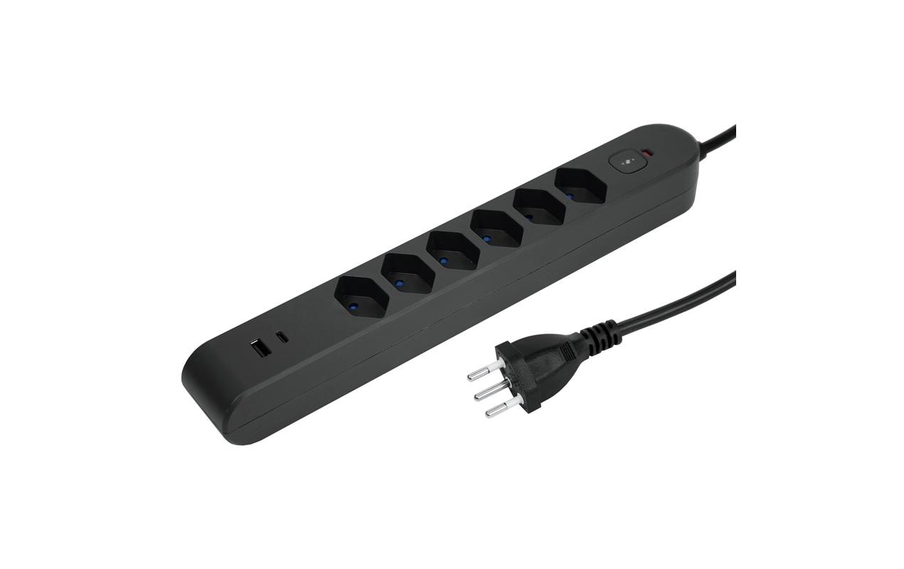 Steffen Standard Steckdosenleiste, 6×T13, 1×USB‑A 18 W + 1×USB‑C PD 20 W, mit Schalter, 3 m – Anthrazit