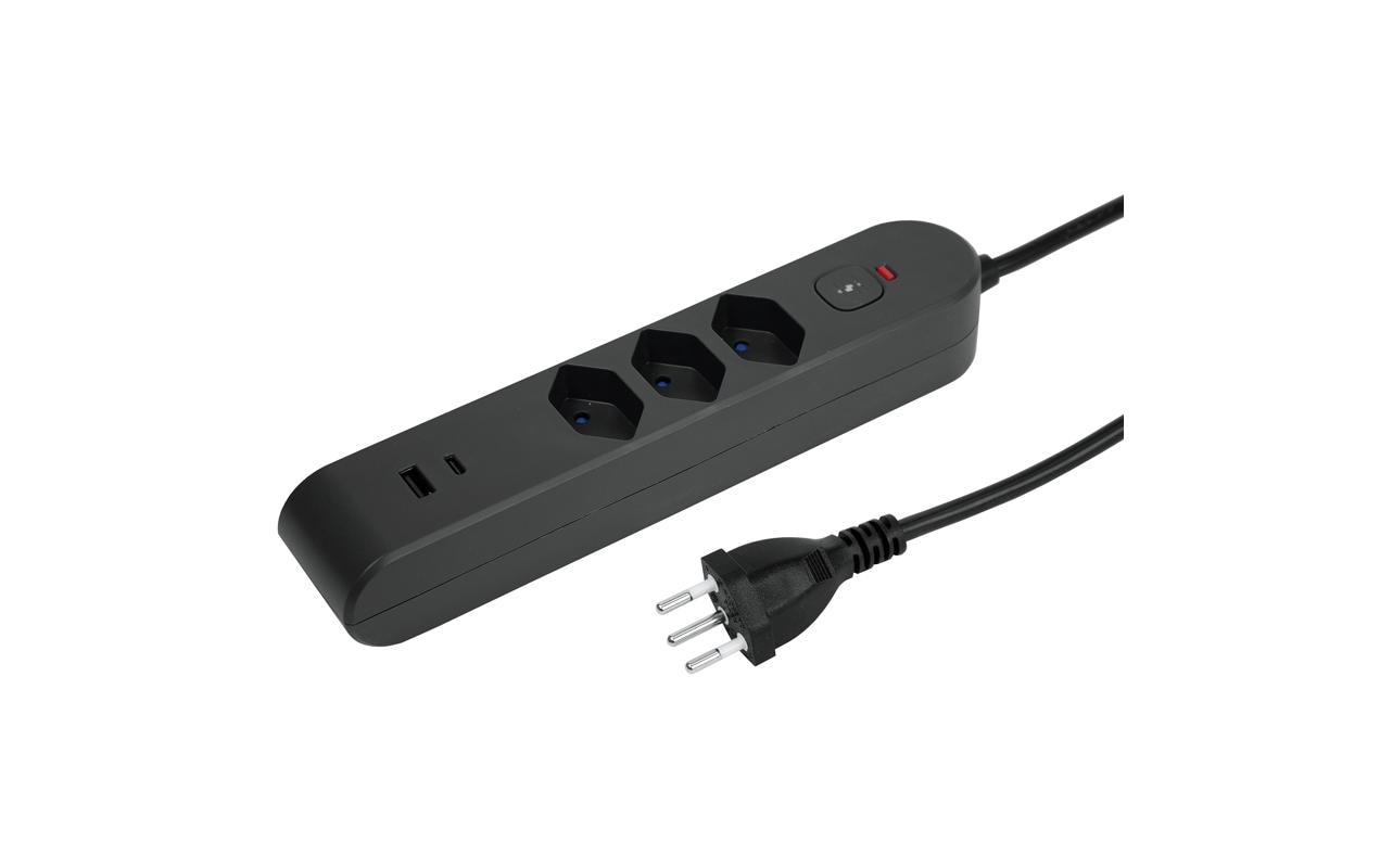 Steffen Standard Steckdosenleiste, 3×T13, 1×USB‑A 18 W + 1×USB‑C PD 20 W, mit Schalter, 3 m – Anthrazit