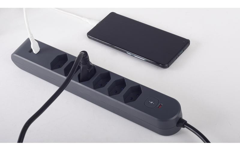 Steffen Standard Steckdosenleiste, 6×T13, 1×USB‑A 18 W + 1×USB‑C PD 20 W, mit Schalter, 3 m – Anthrazit