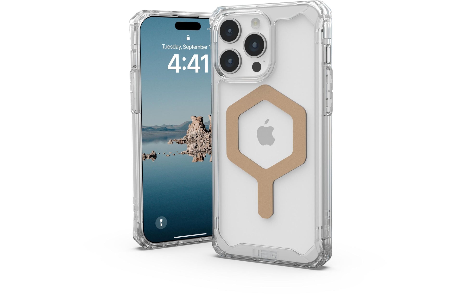Urban Armor Gear UAG Plyo – Rückcover – für Apple iPhone 15 Pro Max – MagSafe, PC+TPU, Transparent/Gold, bis 4,8 m sturzsicher