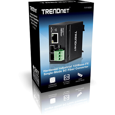 TRENDnet TI-F10S30 – Medienkonverter – 100Base-FX Singlemode SC, 1×RJ45 10/100, 30 km, IP40, DIN-Schiene